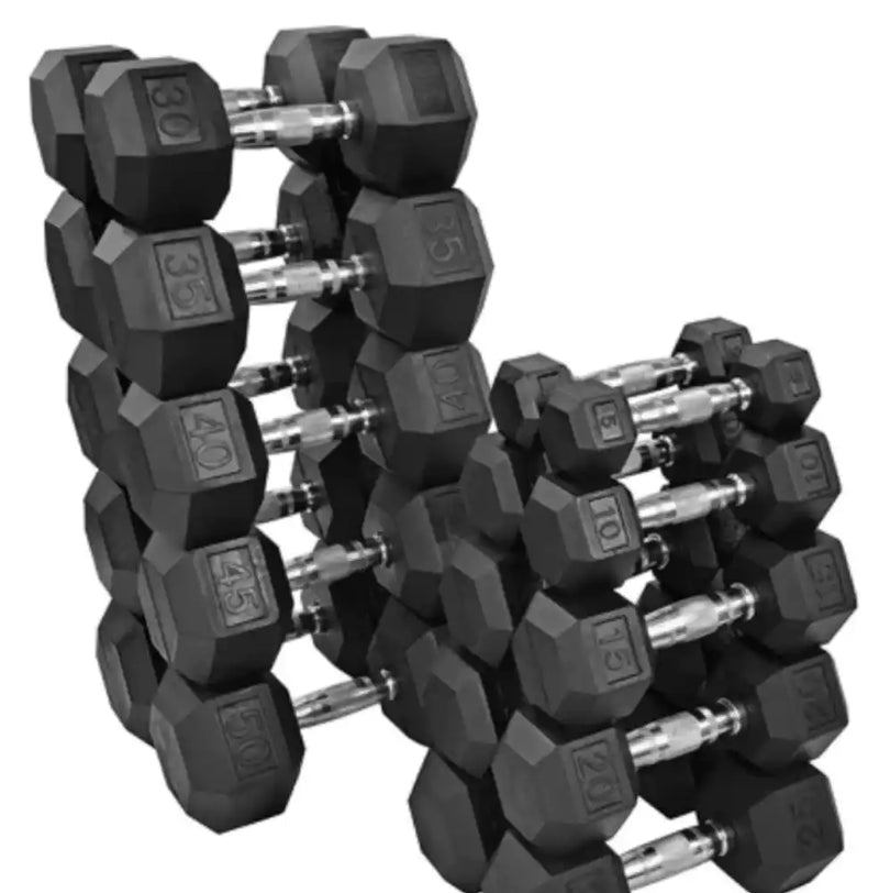 RUBBERIZED DUMBBELLS 5-50 POUND SET WITH RACK