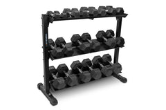 5-50 RUBBER HEX DUMBBELL SET WITH 4' STORAGE RACK