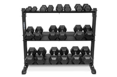 5-50 RUBBER HEX DUMBBELL SET WITH 4' STORAGE RACK