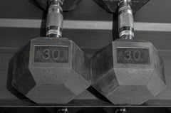 5-50 RUBBER HEX DUMBBELL SET WITH 4' STORAGE RACK